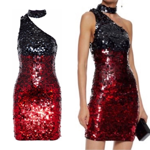 Alice + Olivia Ombré Red and Black Sequins One Shoulder Mini Dress - 4 - Picture 2 of 6